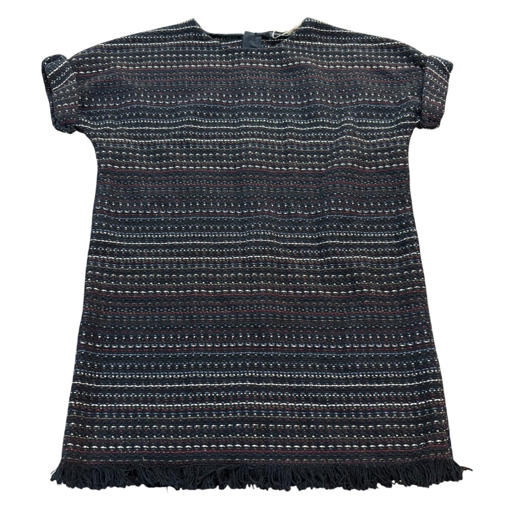 Zara Trafaluc Tweed Shift Dress Striped Fringe Hem Full Back Zip Short Sleeve
